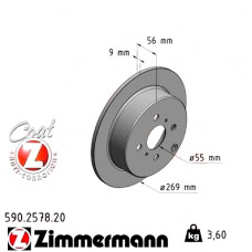 590.2578.20 Zimmermann Задний тормозной диск 269x9 на TOYOTA COROLLA СЕДАН (_E12_) с двигателем 1.4 VVT-i (ZZE120_)