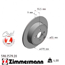 590.2579.20 Zimmermann Задний тормозной диск 279x9 на TOYOTA COROLLA (_E12_) с двигателем 1.8 VVTL-i TS (ZZE123_)