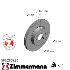 Передний тормозной диск 255x20 590280520 Otto Zimmermann CoatZ