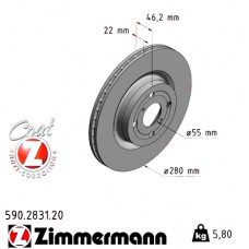 590.2831.20 Zimmermann Передний тормозной диск 280x22 на TOYOTA YARIS (_P13_) с двигателем 1.5 (NSP131_)