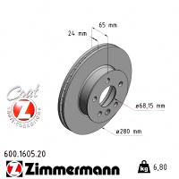 600.1605.20 Zimmermann Передний тормозной диск 280x24 на VW TRANSPORTER T4 C БОРТОВОЙ ПЛАТФОРМОЙ/ХОДОВАЯ ЧАСТЬ (70E, 70L ) с двигателем 2.4 D