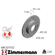 Спортивный задний тормозной диск с перфорацией 232x9 600321752 Otto Zimmermann Sport Z