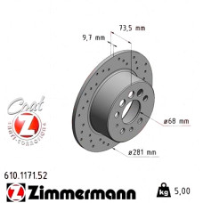 Спортивный задний тормозной диск с перфорацией 281x9,7 610117152 Otto Zimmermann Sport Z
