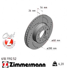 Спортивный передний тормозной диск с перфорацией 280x26 610119252 Otto Zimmermann Sport Z